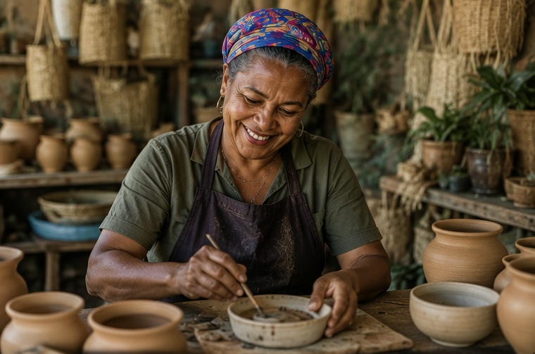 Artesã sorrindo enquanto pinta uma peça de cerâmica em seu ateliê